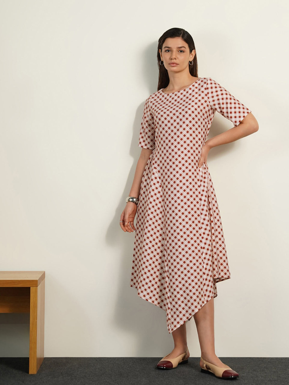 Gingham Fit and Flare Dress - Off-white