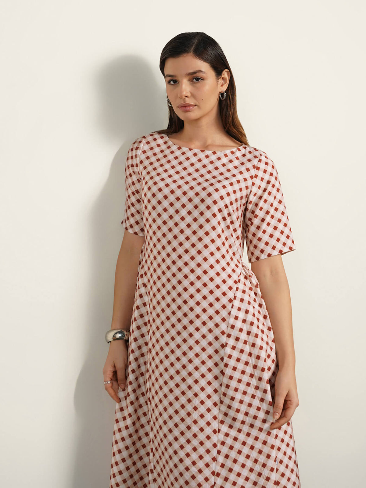 Gingham Fit and Flare Dress - Off-white