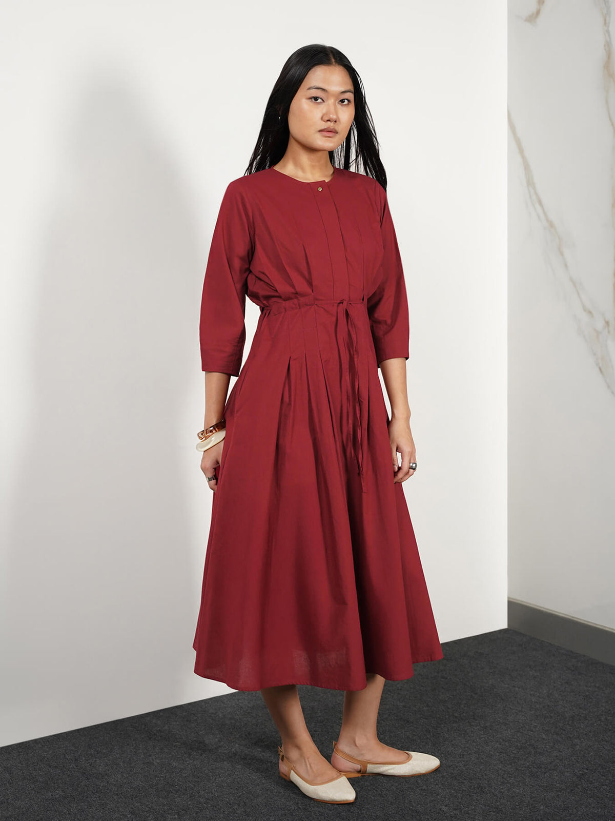 Cotton Fit & Flare Dress - Maroon