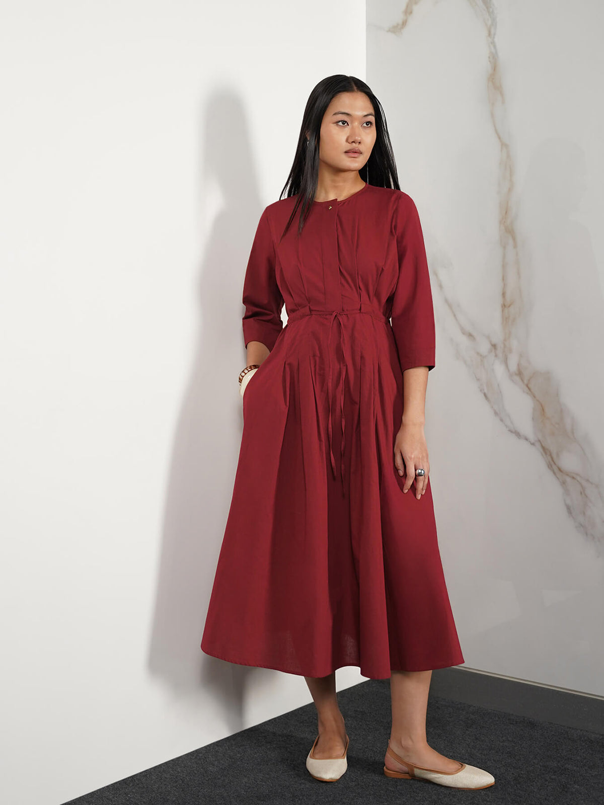 Cotton Fit & Flare Dress - Maroon