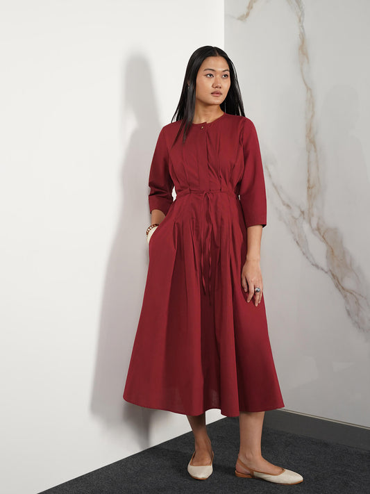 Cotton Fit & Flare Dress - Maroon