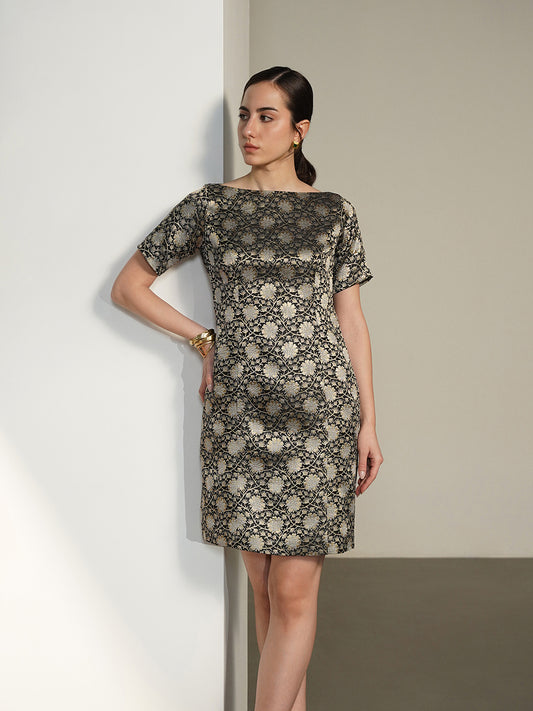 Brocade Boat Neck Dress - Black