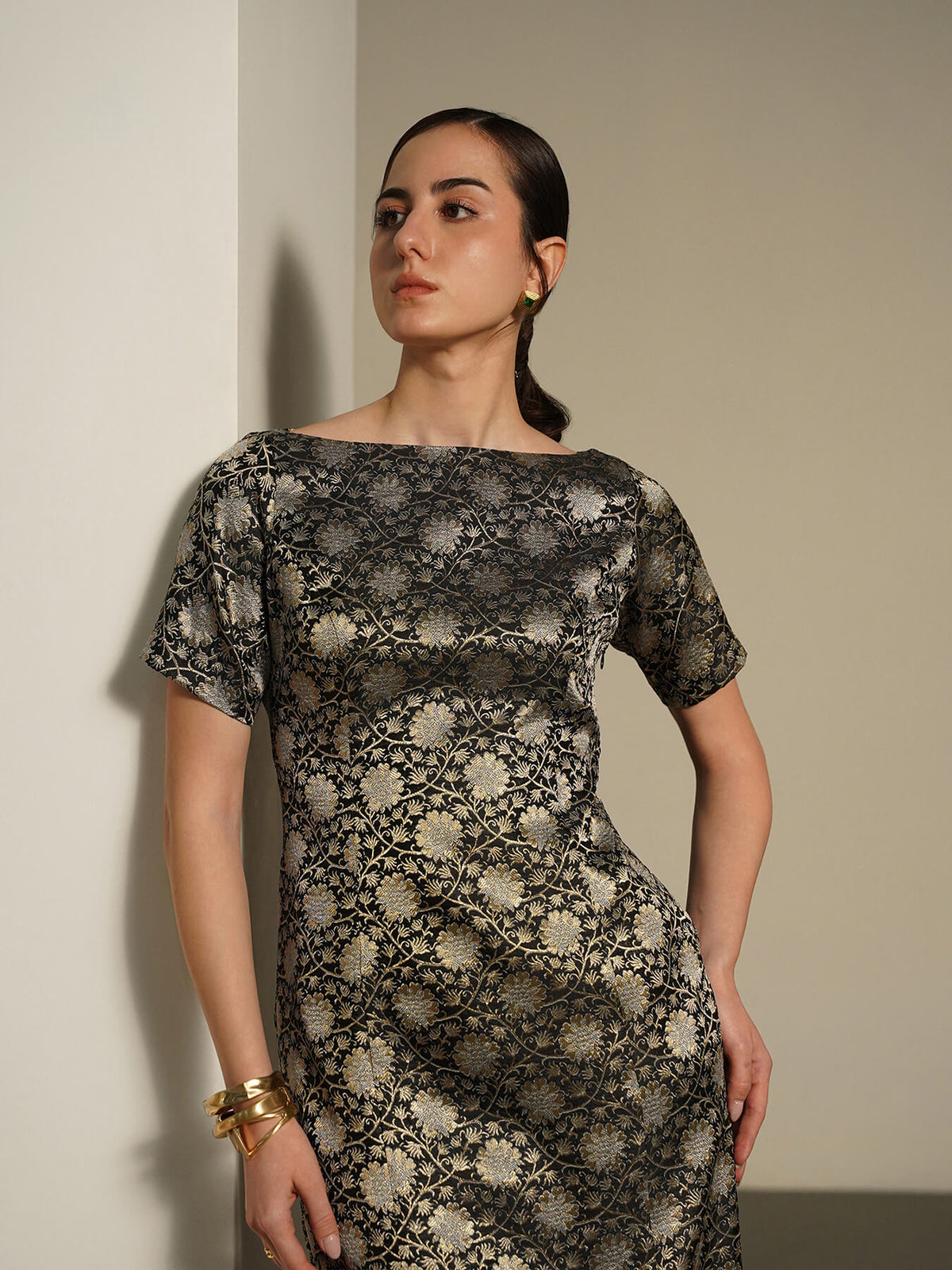 Brocade Boat Neck Dress - Black