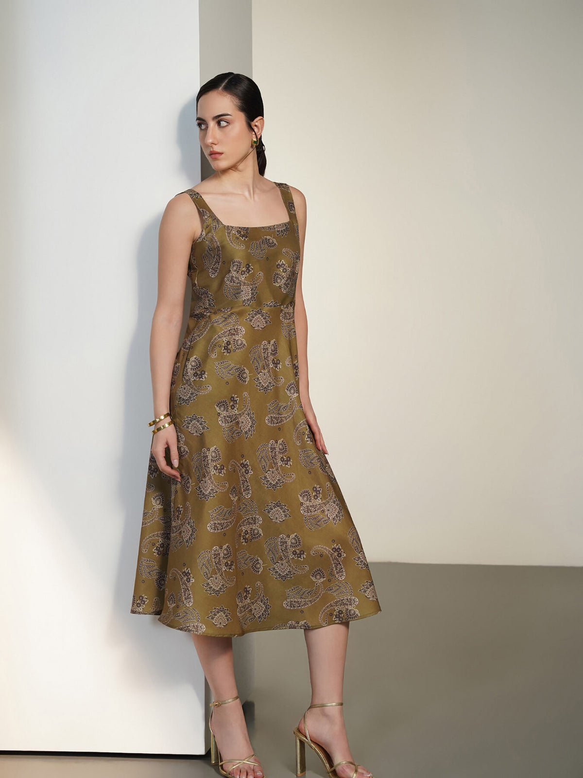 Square Neck Fit and Flare Dress - Green