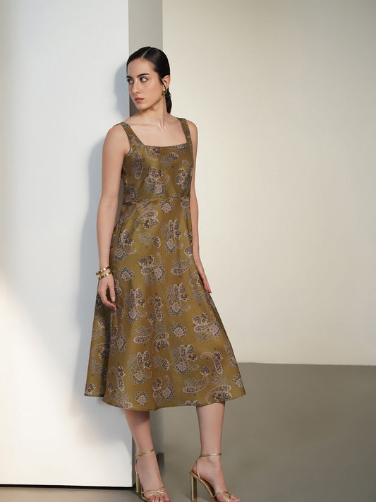 Square Neck Fit and Flare Dress - Green