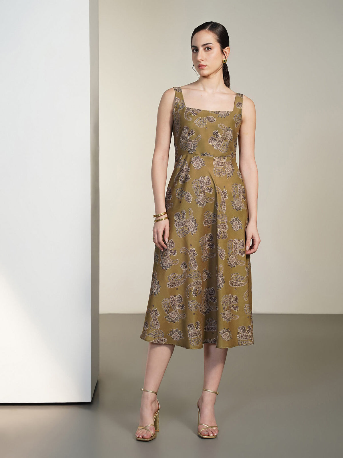 Square Neck Fit and Flare Dress - Green