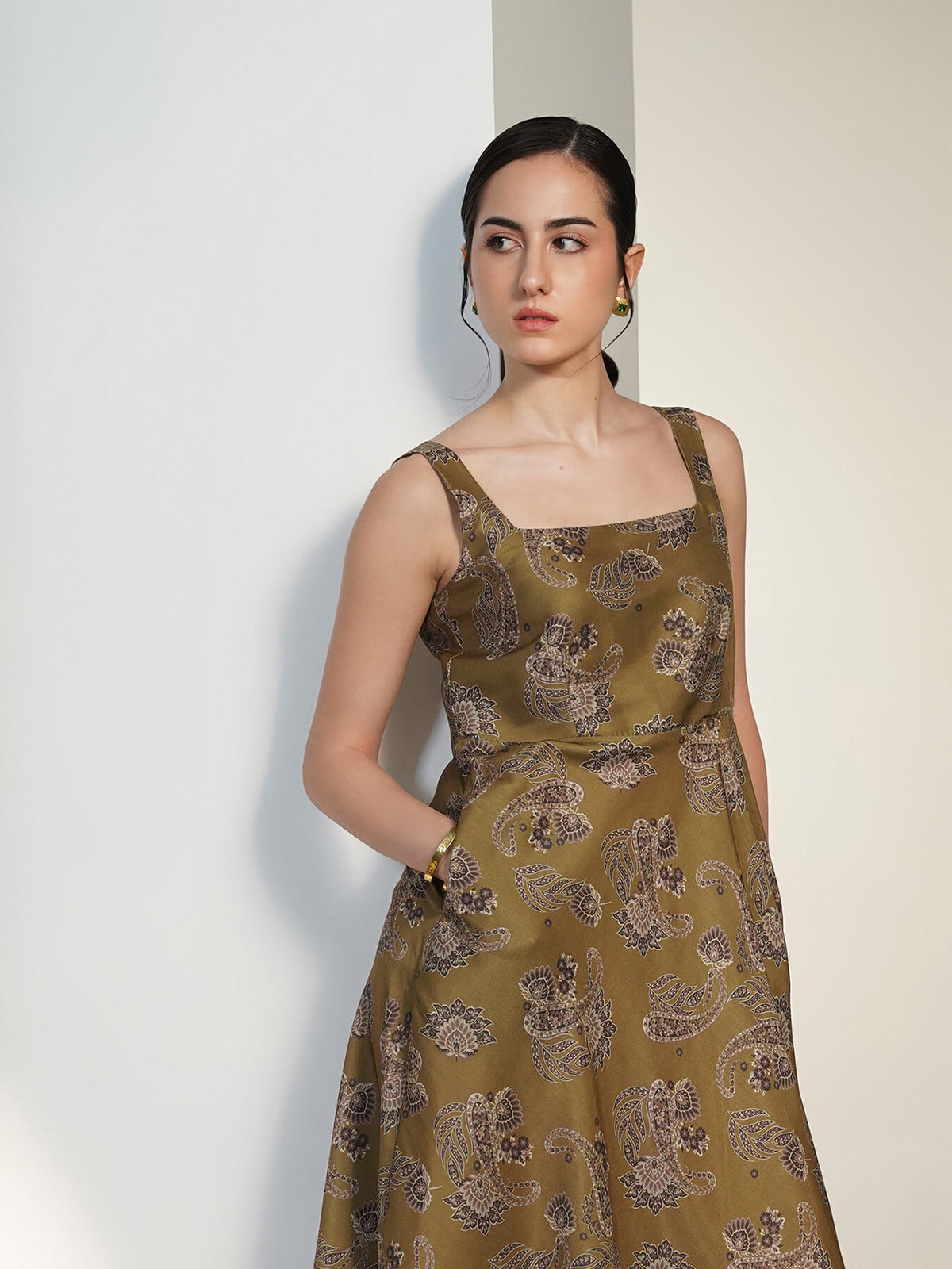 Square Neck Fit and Flare Dress - Green