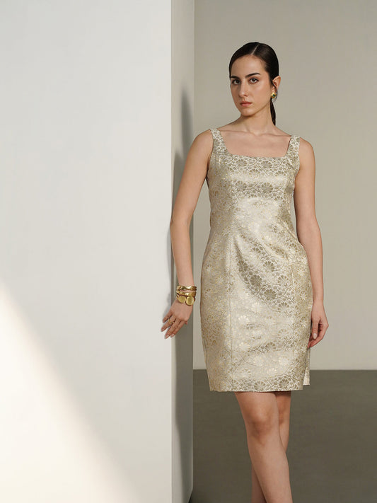 Brocade Square Neck Dress - White