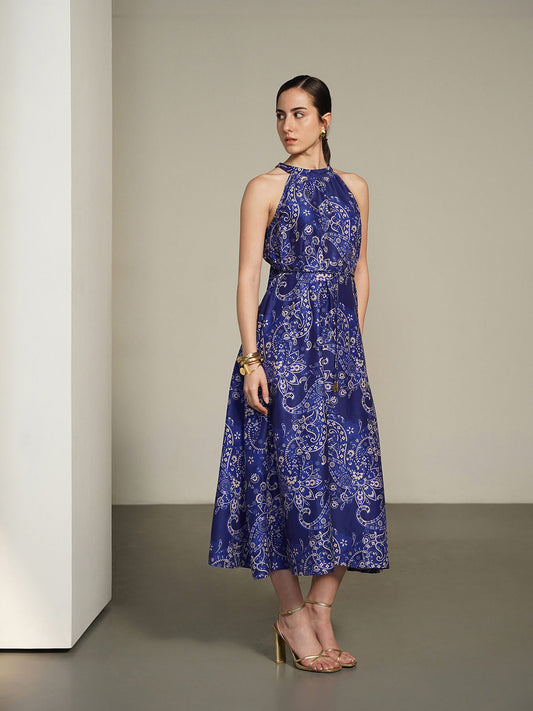 Printed Halter Neck Dress - Blue