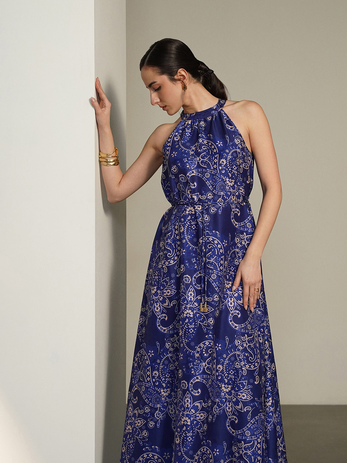 Printed Halter Neck Dress - Blue