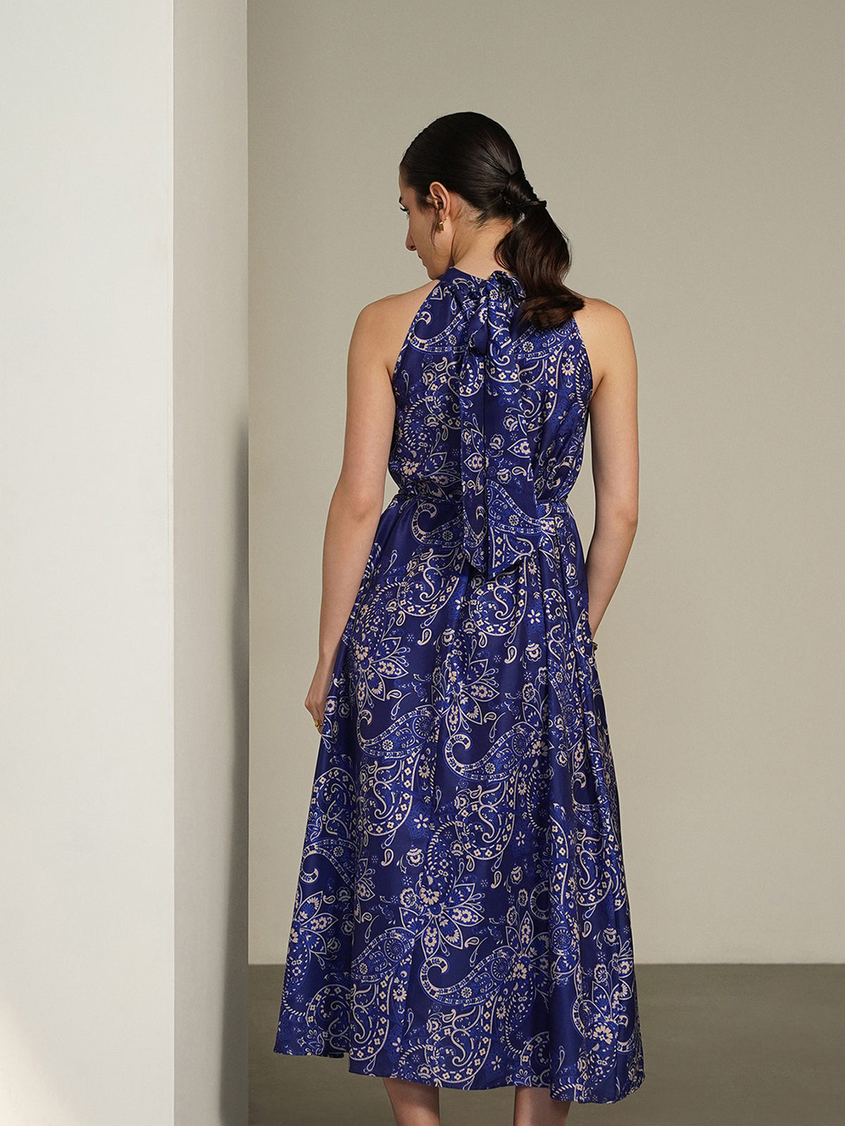 Printed Halter Neck Dress - Blue