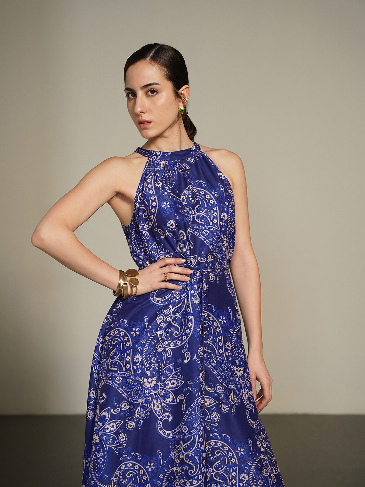 Printed Halter Neck Dress - Blue