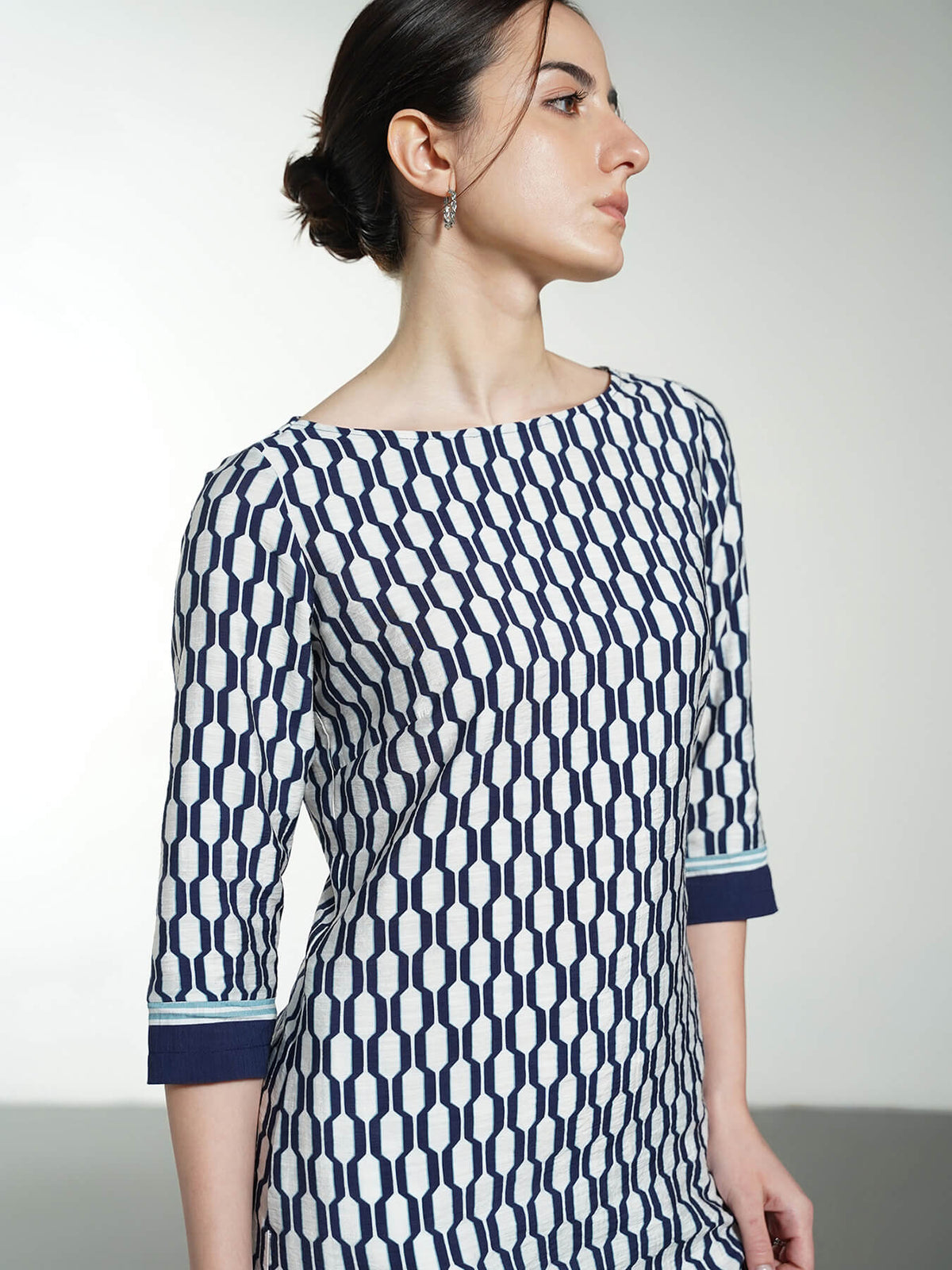Round Neck Shift Dress - Navy