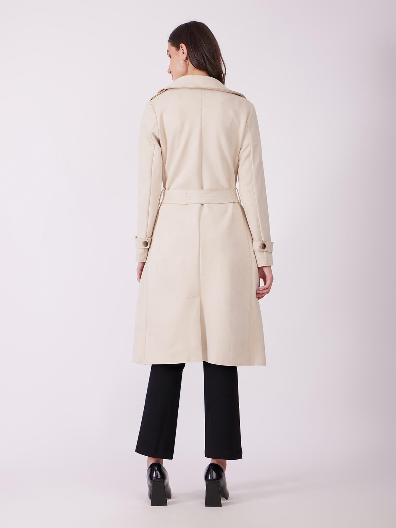 Suede Double Breasted Overcoat - Beige