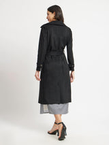 Double Breasted Suede Overcoat - Black