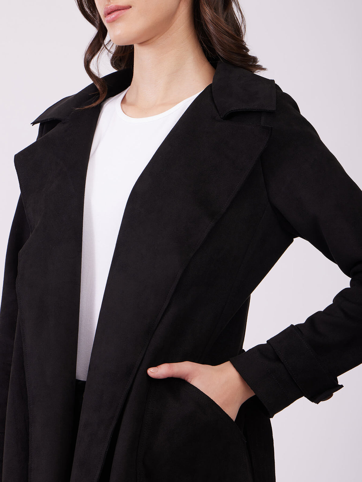 Faux Suede Double Breasted Overcoat - Black