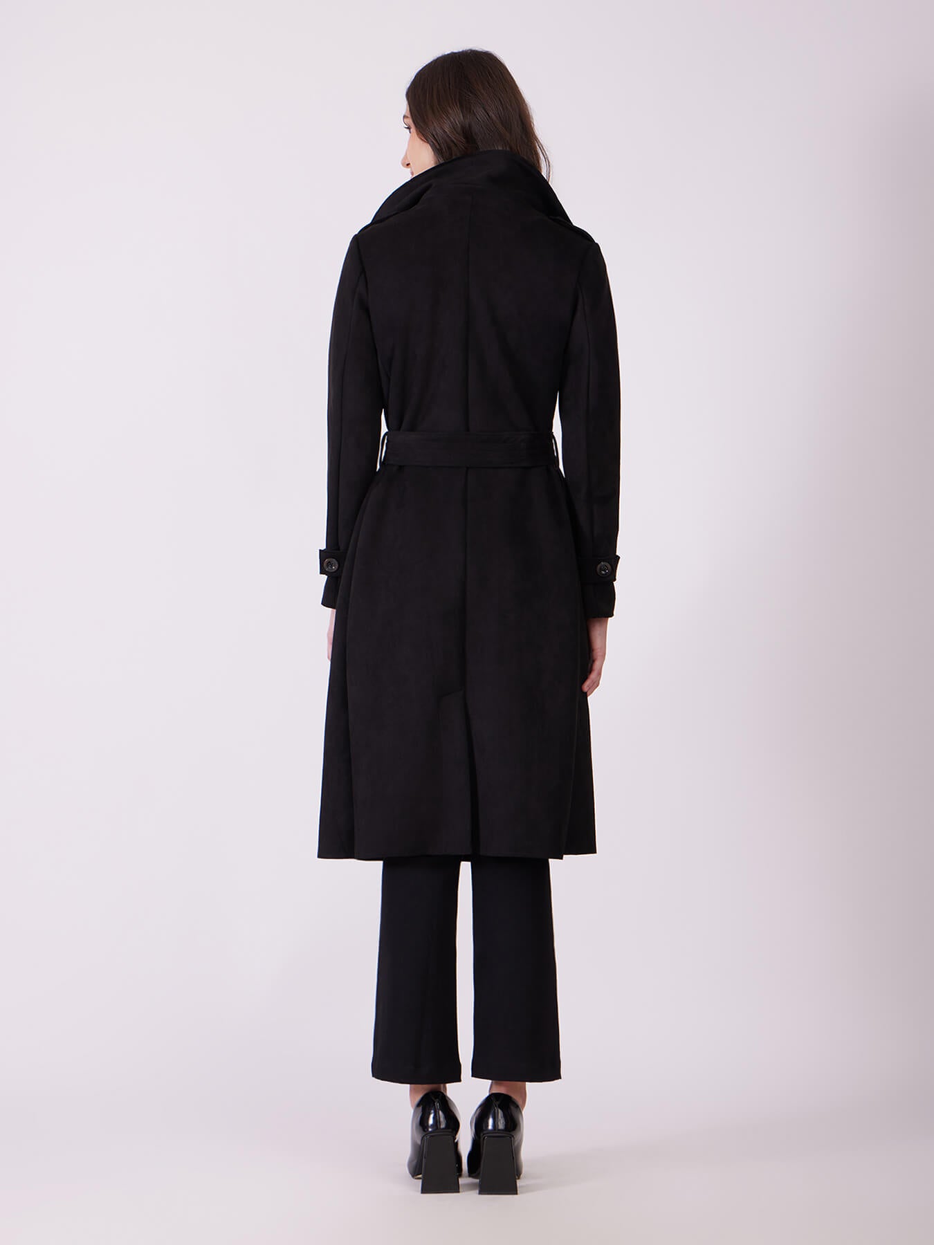 Faux Suede Double Breasted Overcoat - Black