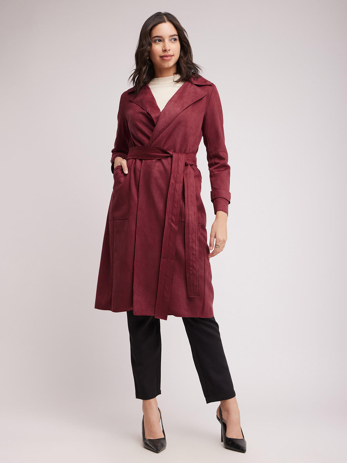 Double Breasted Suede Overcoat - Maroon