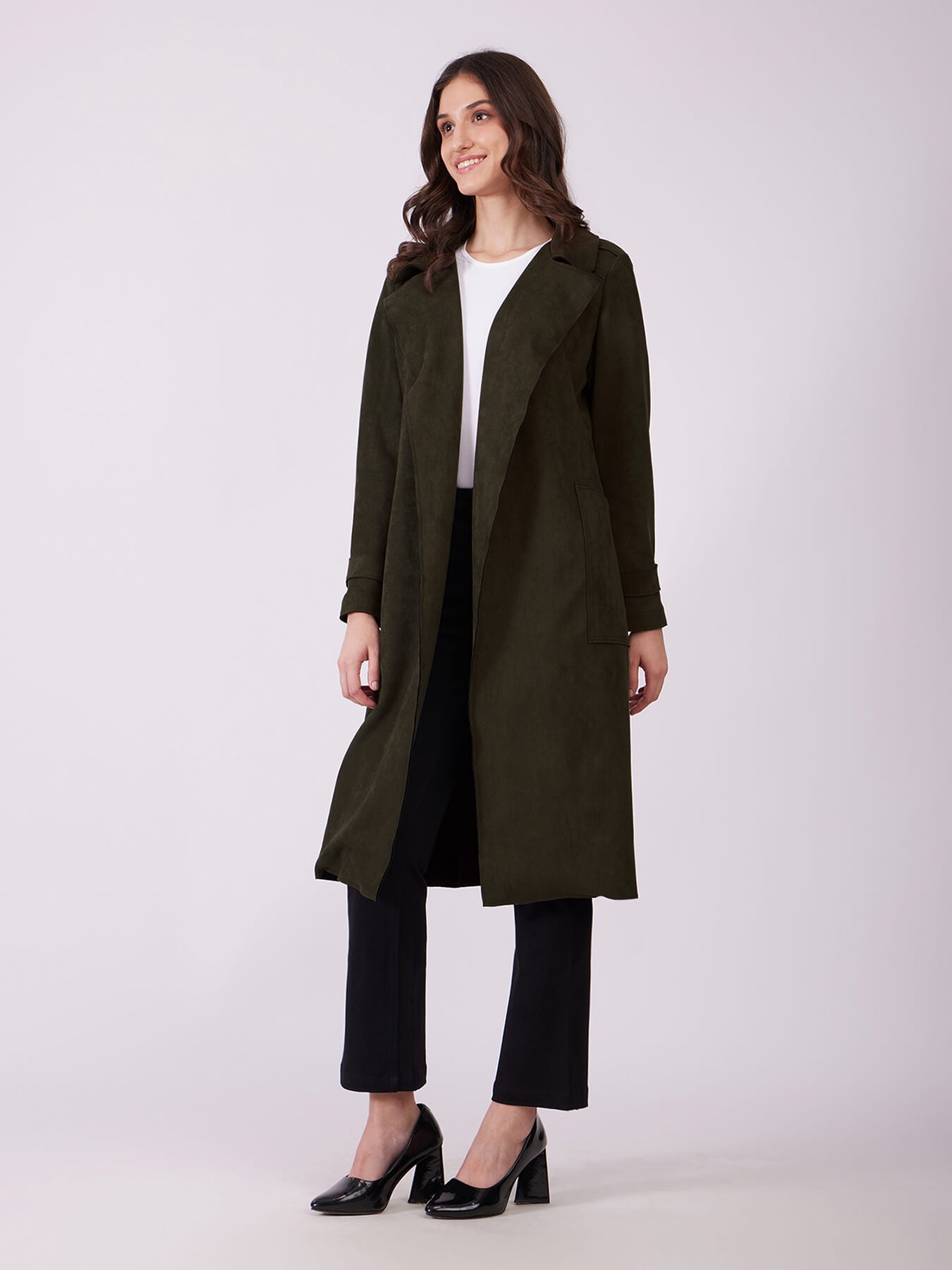 Faux Suede Double Breasted Overcoat - Olive