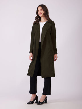 Faux Suede Double Breasted Overcoat - Olive