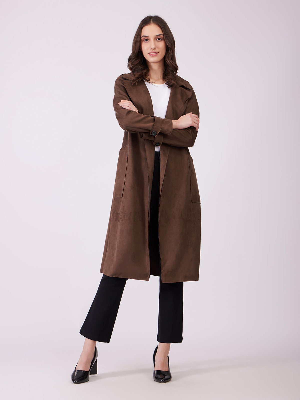 Suede Double Breasted Overcoat - Tan