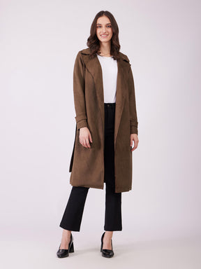 Faux Suede Double Breasted Overcoat - Tan