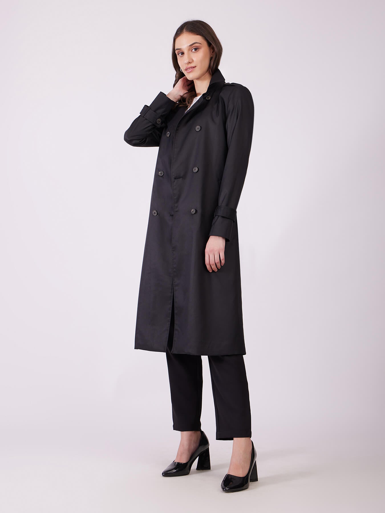 Double Breasted Belted Trench Coat - Black