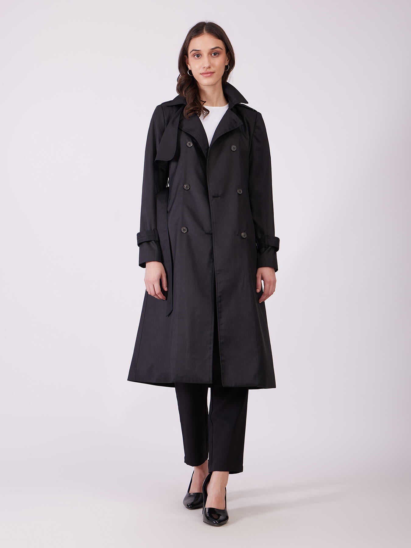 Double Breasted Belted Trench Coat - Black