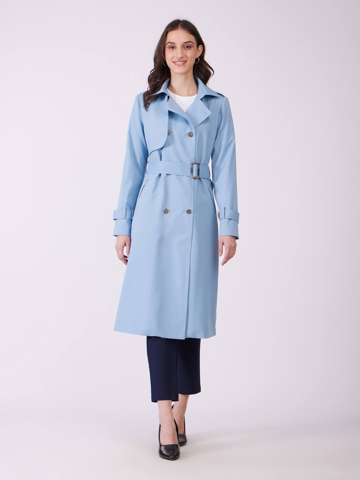 Double Breasted Trench Coat - Sky Blue