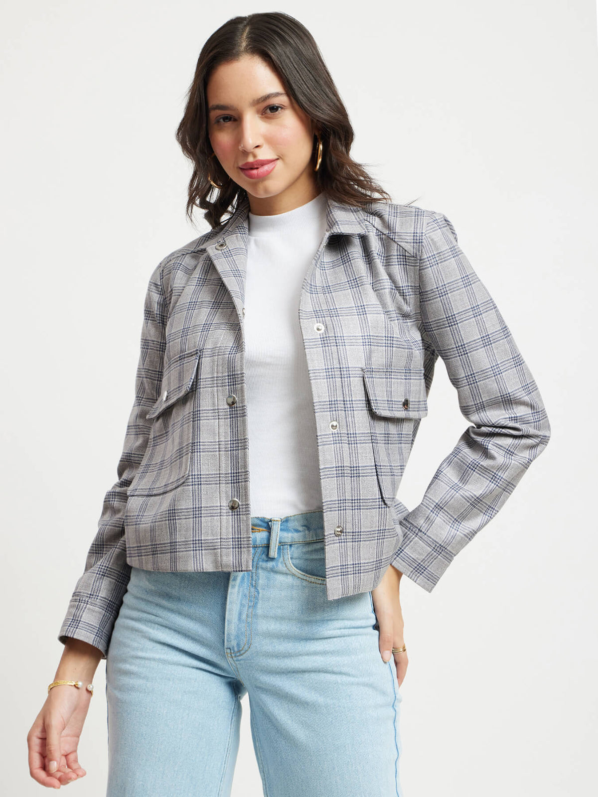 Open Front Cropped Jacket - Grey And White