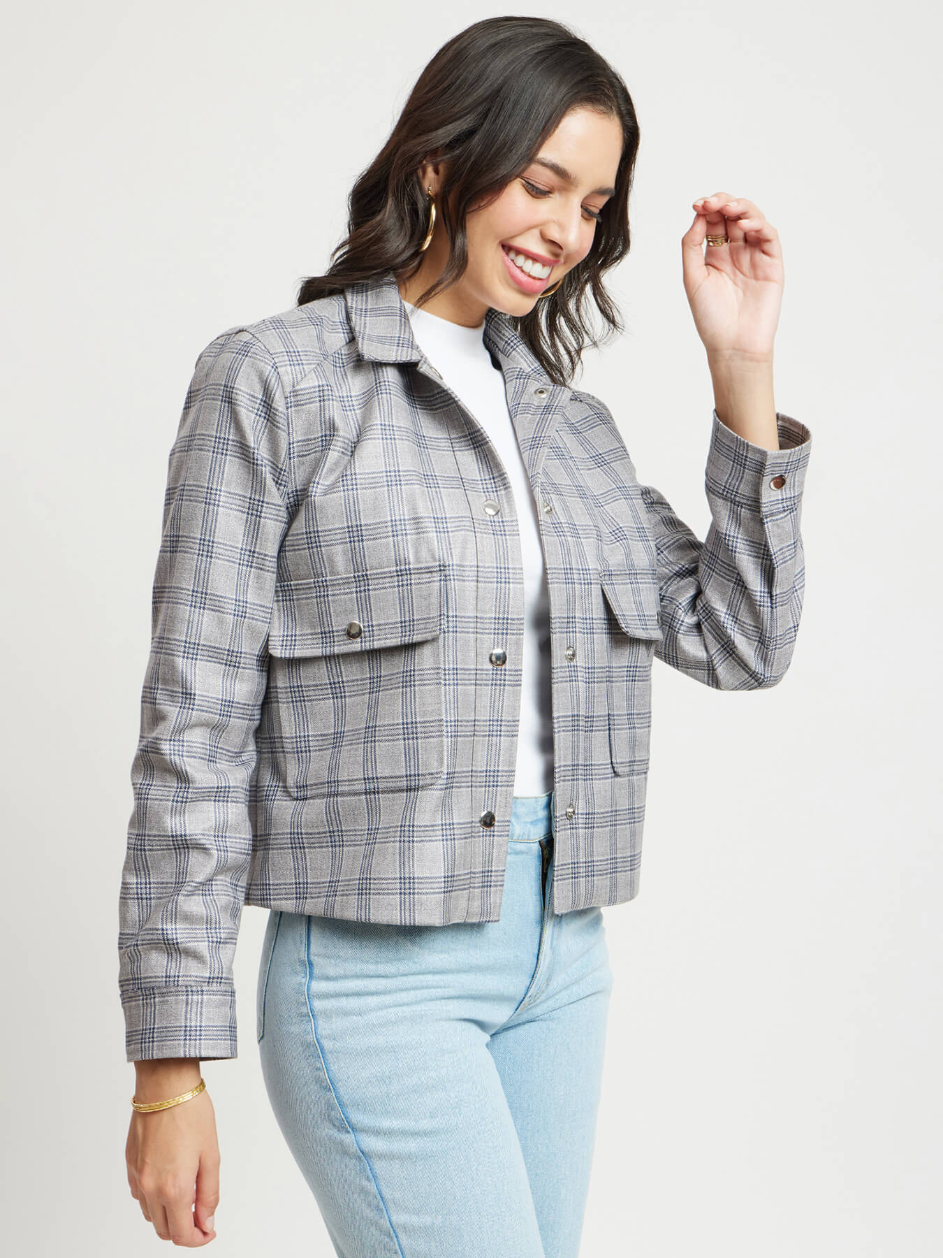 Open Front Cropped Jacket - Grey And White