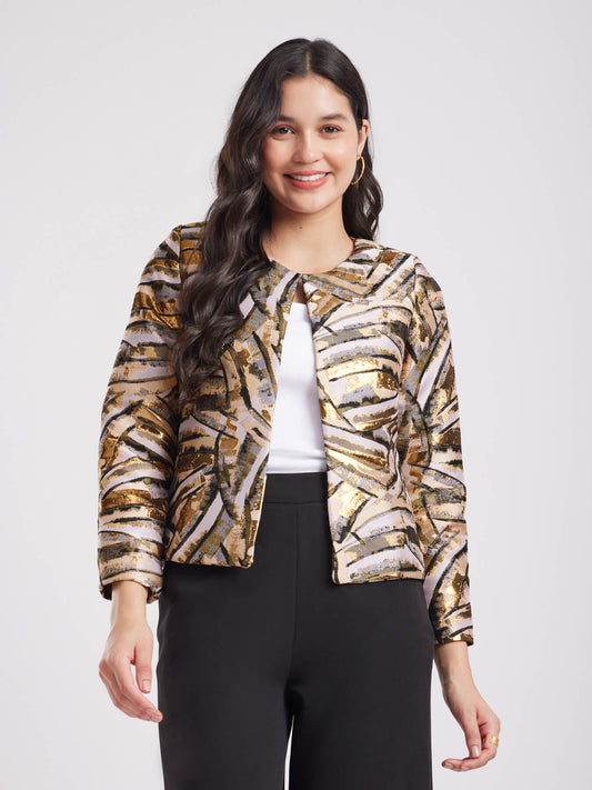 Jacquard Open Front Jacket - Beige And Gold