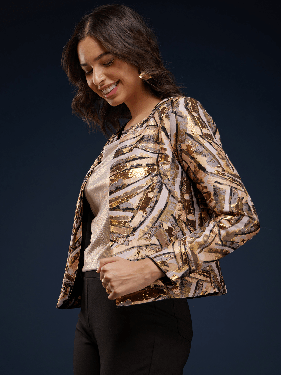 Jacquard Open Front Jacket - Beige And Gold