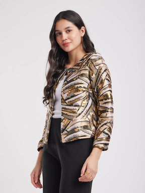 Jacquard Open Front Jacket - Beige And Gold