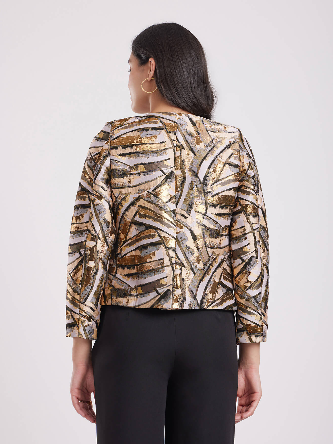 Jacquard Open Front Jacket - Beige And Gold