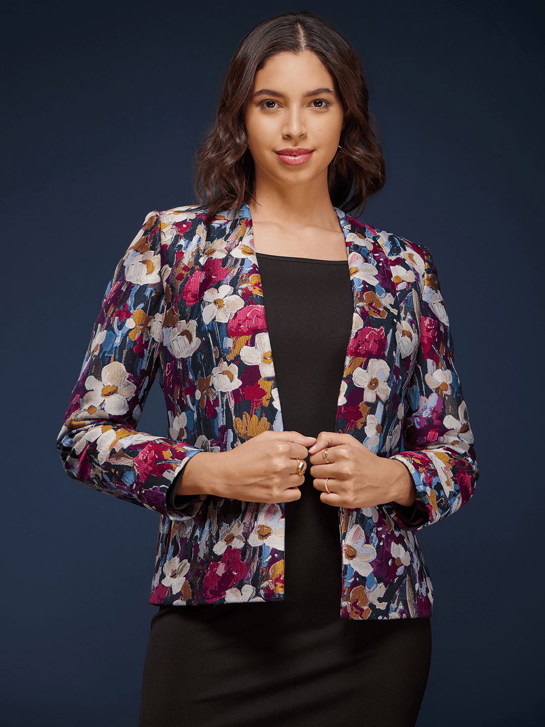 Floral Jacquard Open Front Jacket - Multicolour