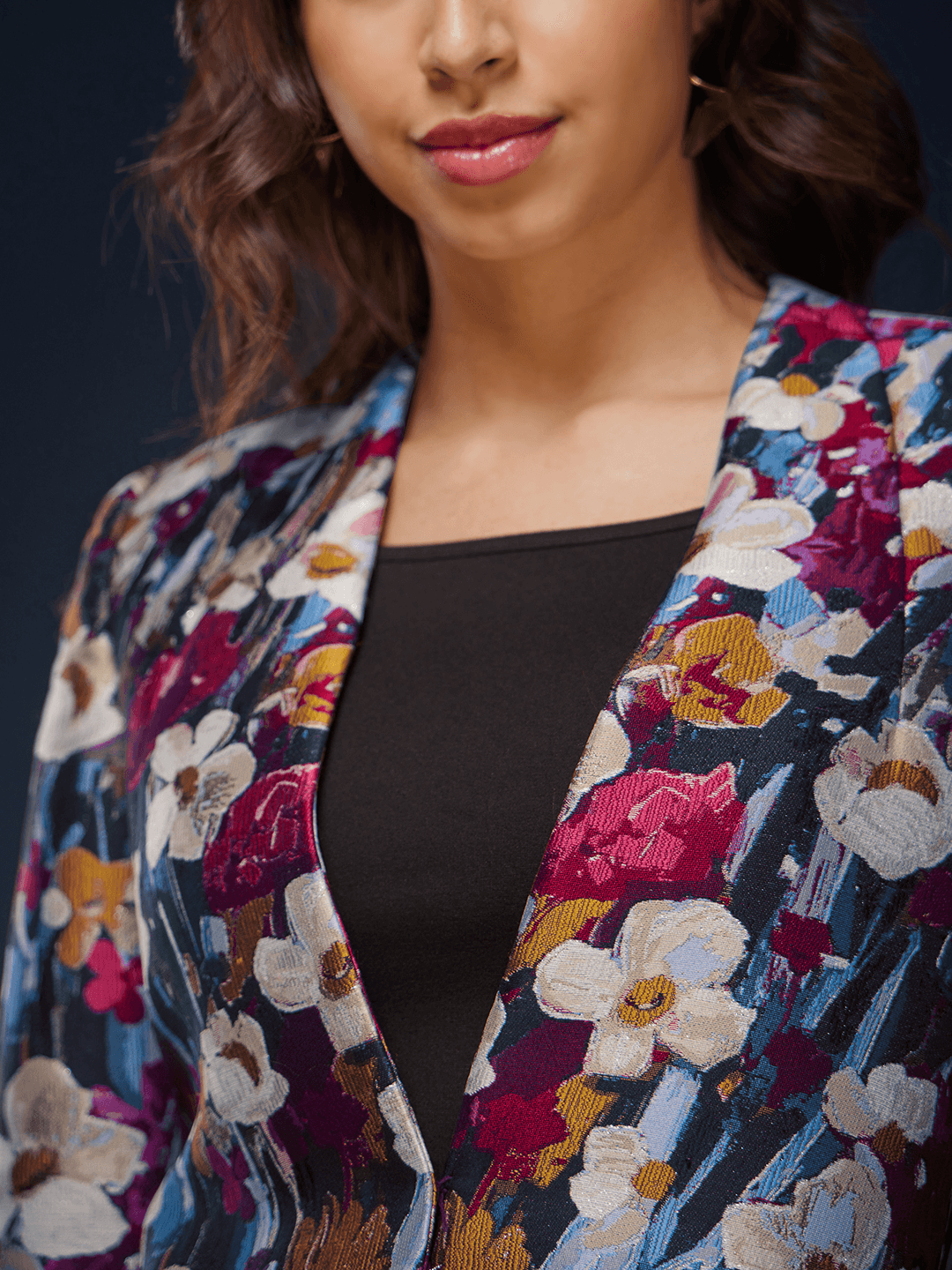 Floral Jacquard Open Front Jacket - Multicolour