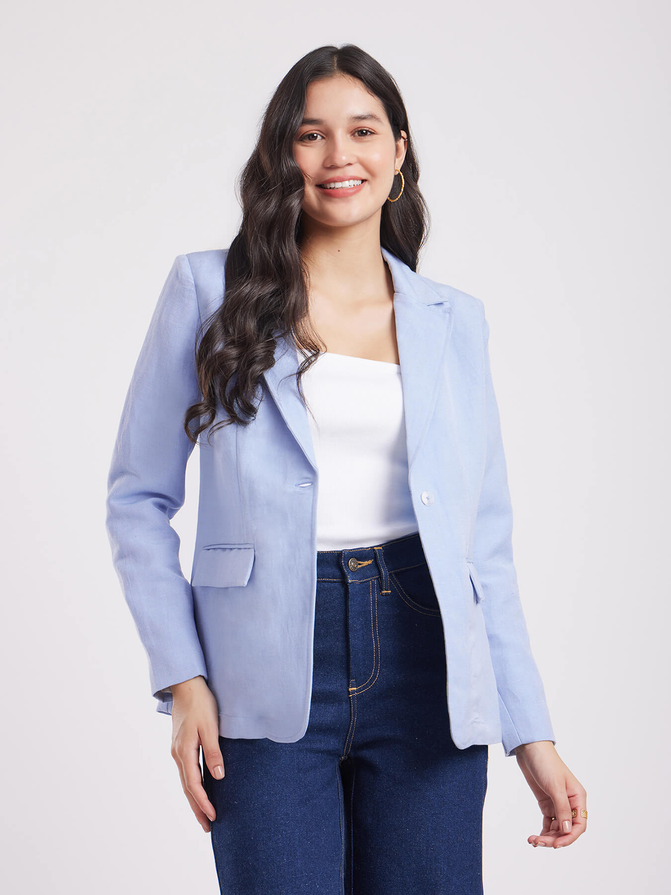 Linen Single Breasted Blazer - Light Blue
