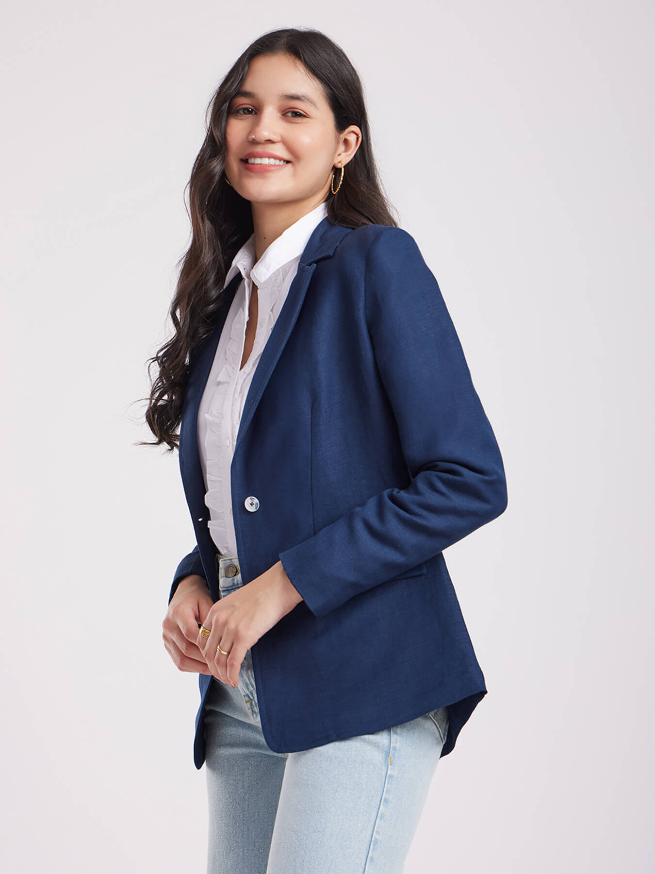 Linen Single Breasted Blazer - Navy