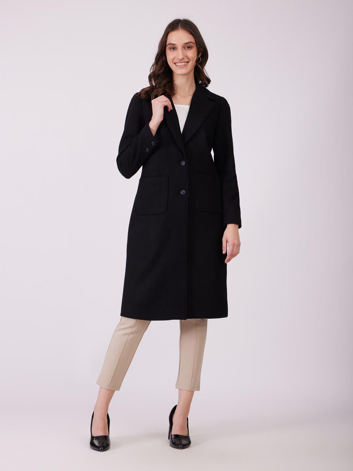 Long Felted Lined Overcoat - Black