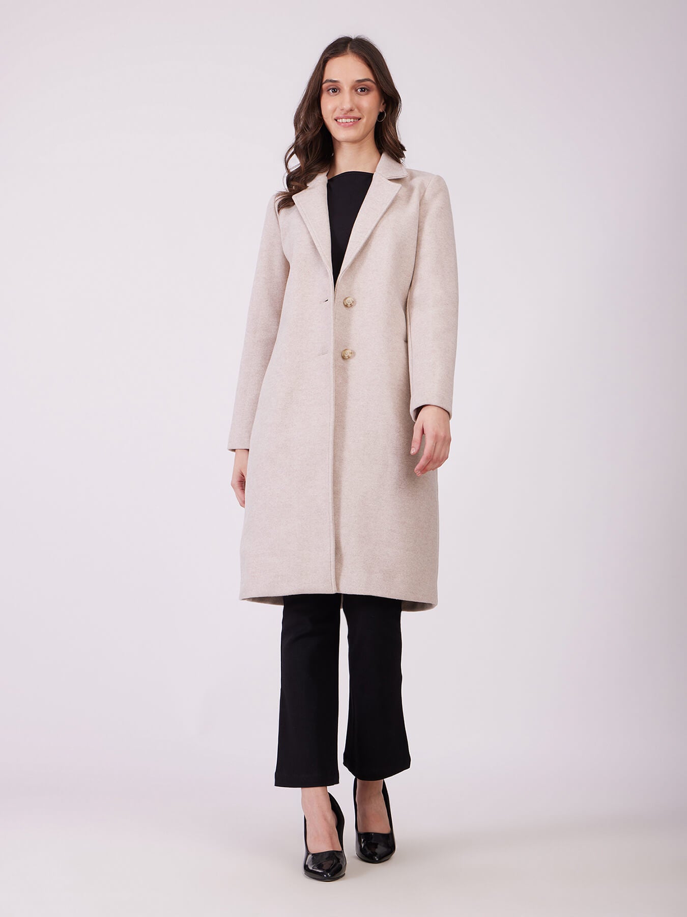 Knitted Single Breasted Overcoat - Beige