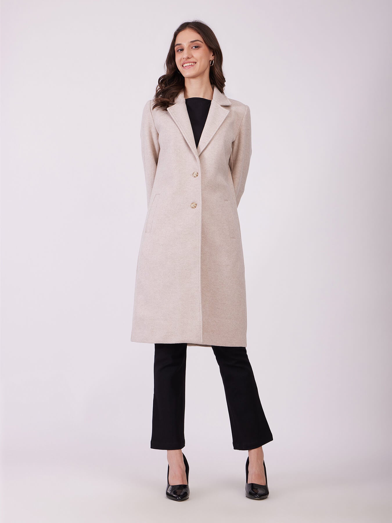 Knitted Single Breasted Overcoat - Beige