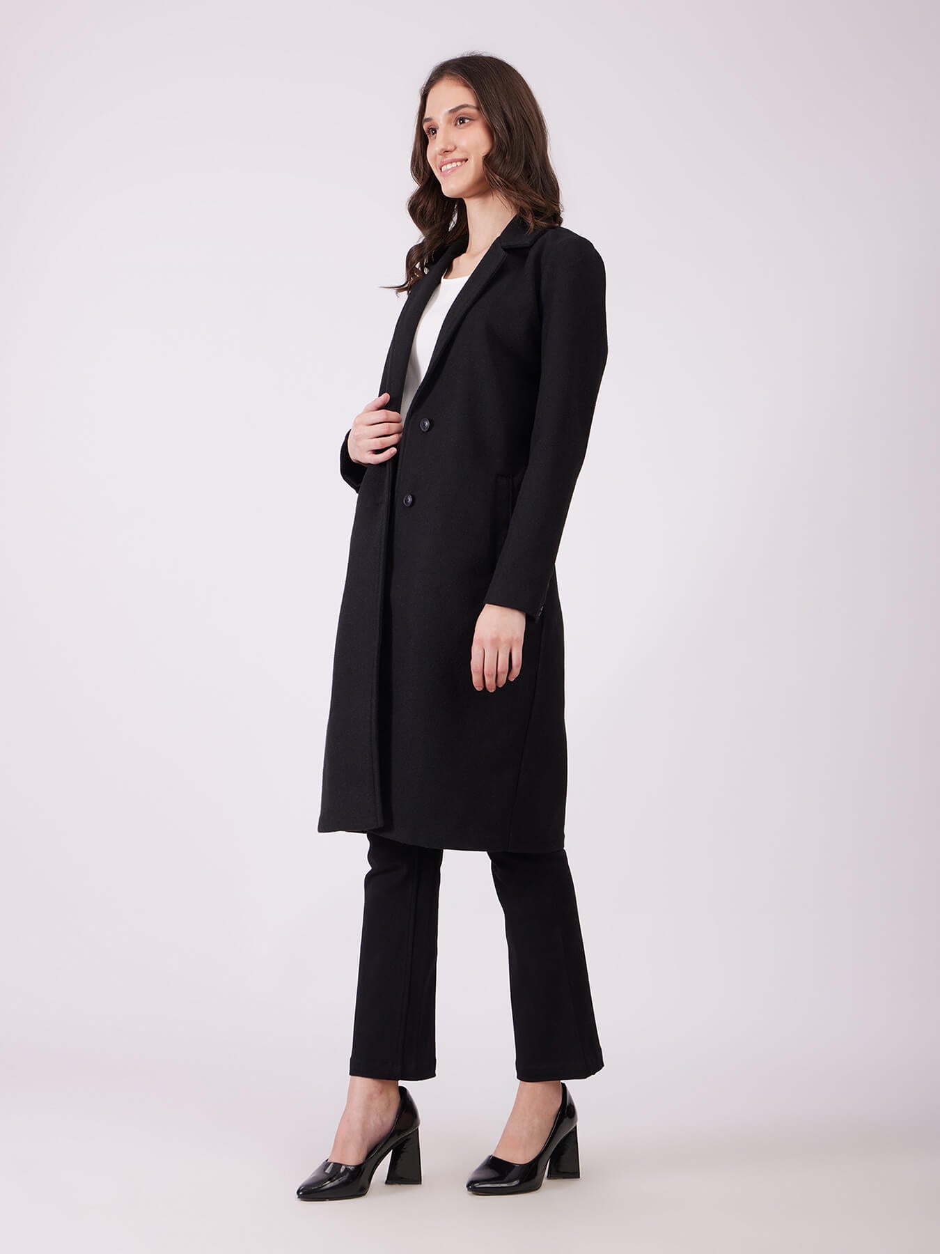 Long Felted Overcoat - Black