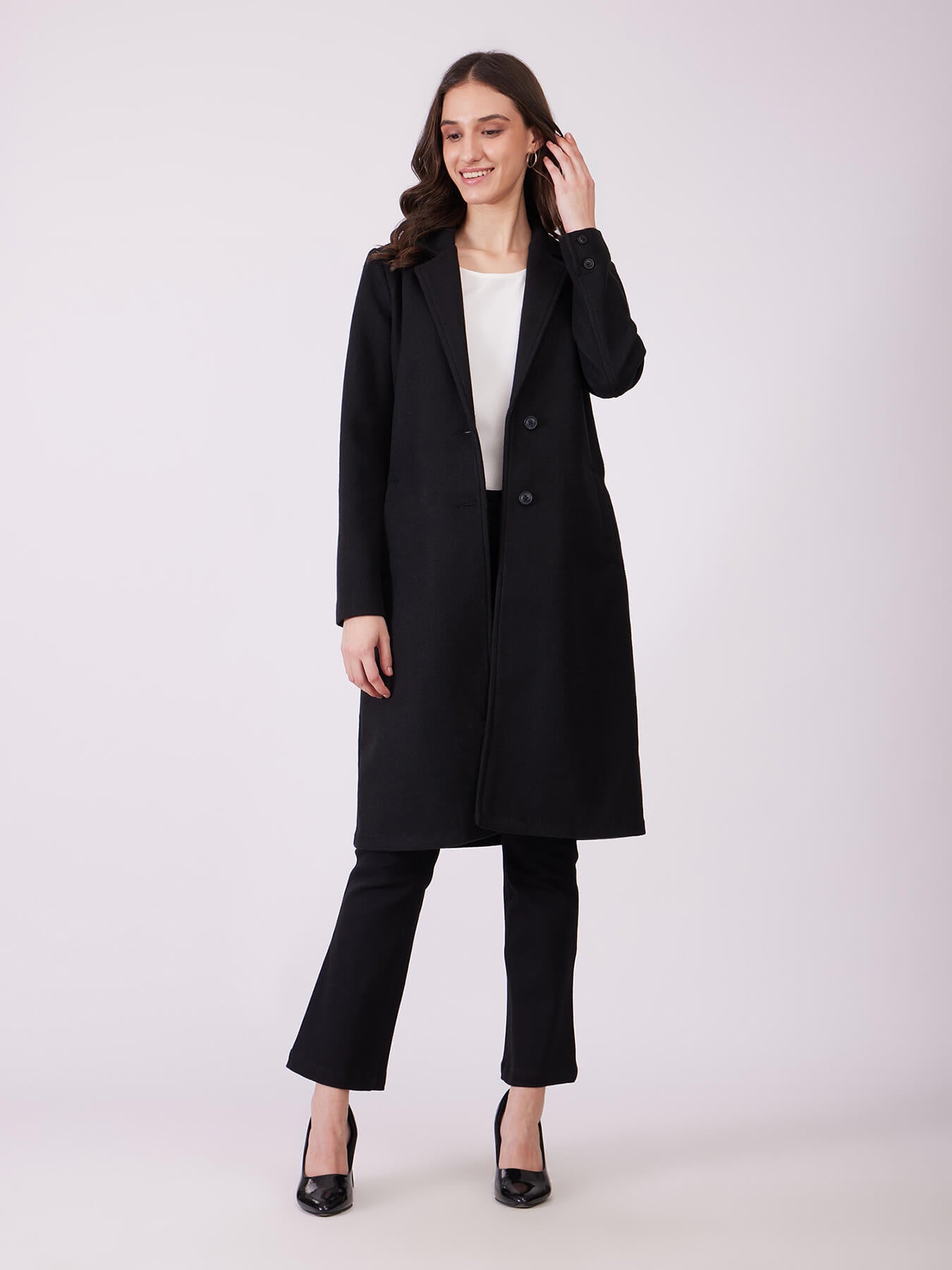 Long Felted Overcoat - Black