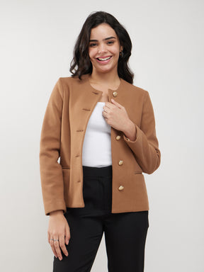 Round Neck Short Jacket - Tan