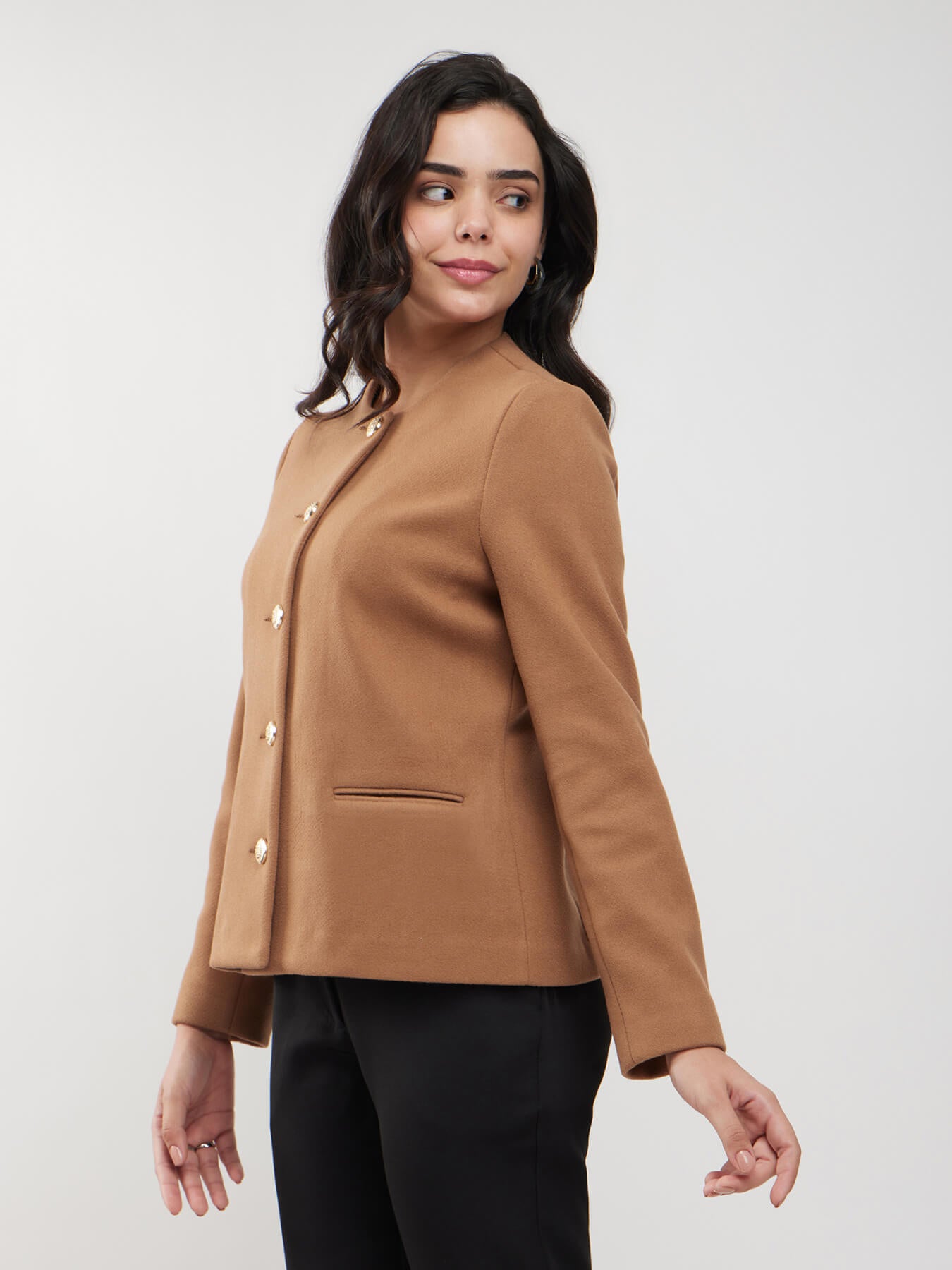 Round Neck Short Jacket - Tan