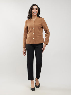 Round Neck Short Jacket - Tan