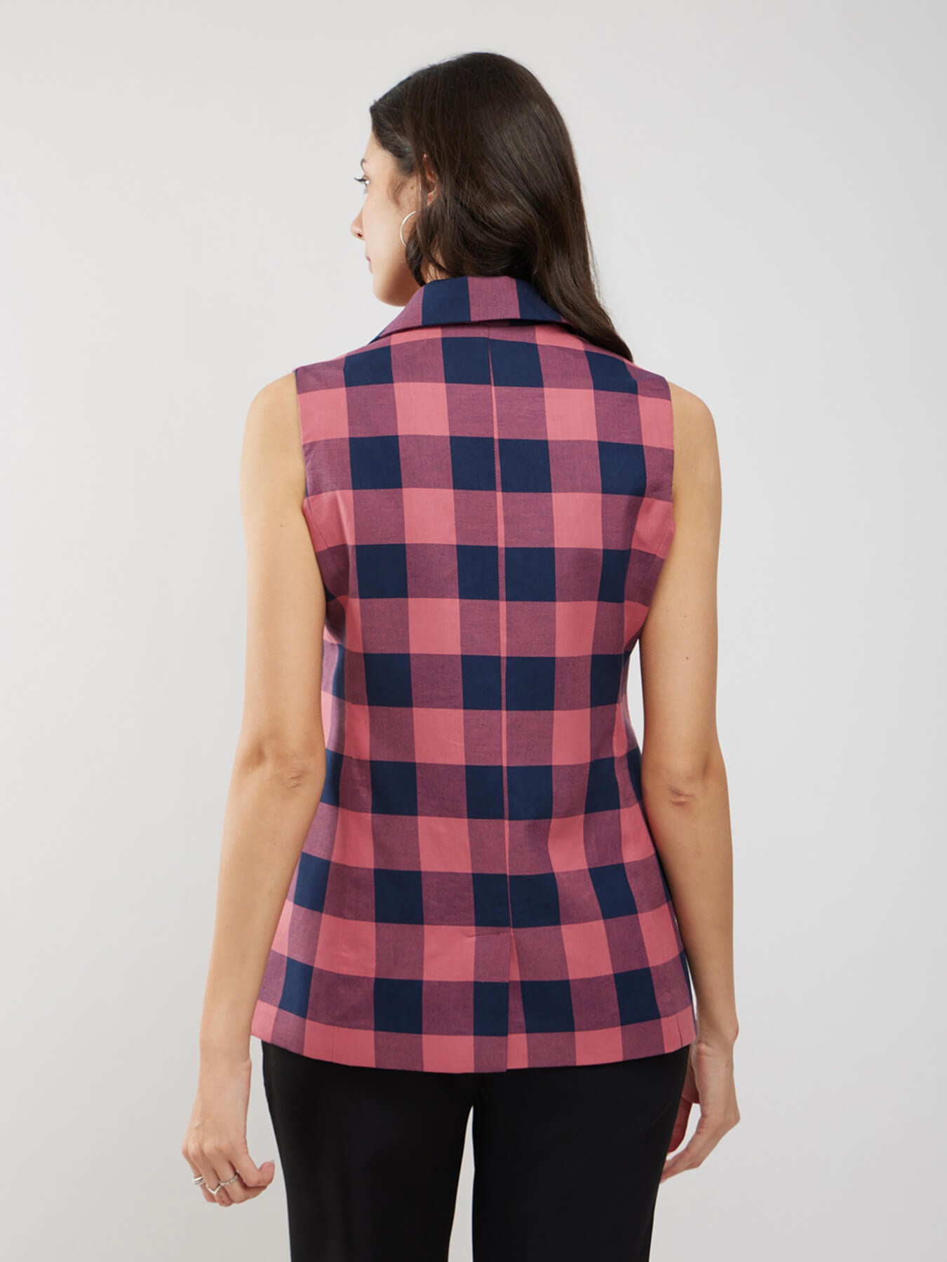 Cotton Checkered Blazer - Pink And Navy