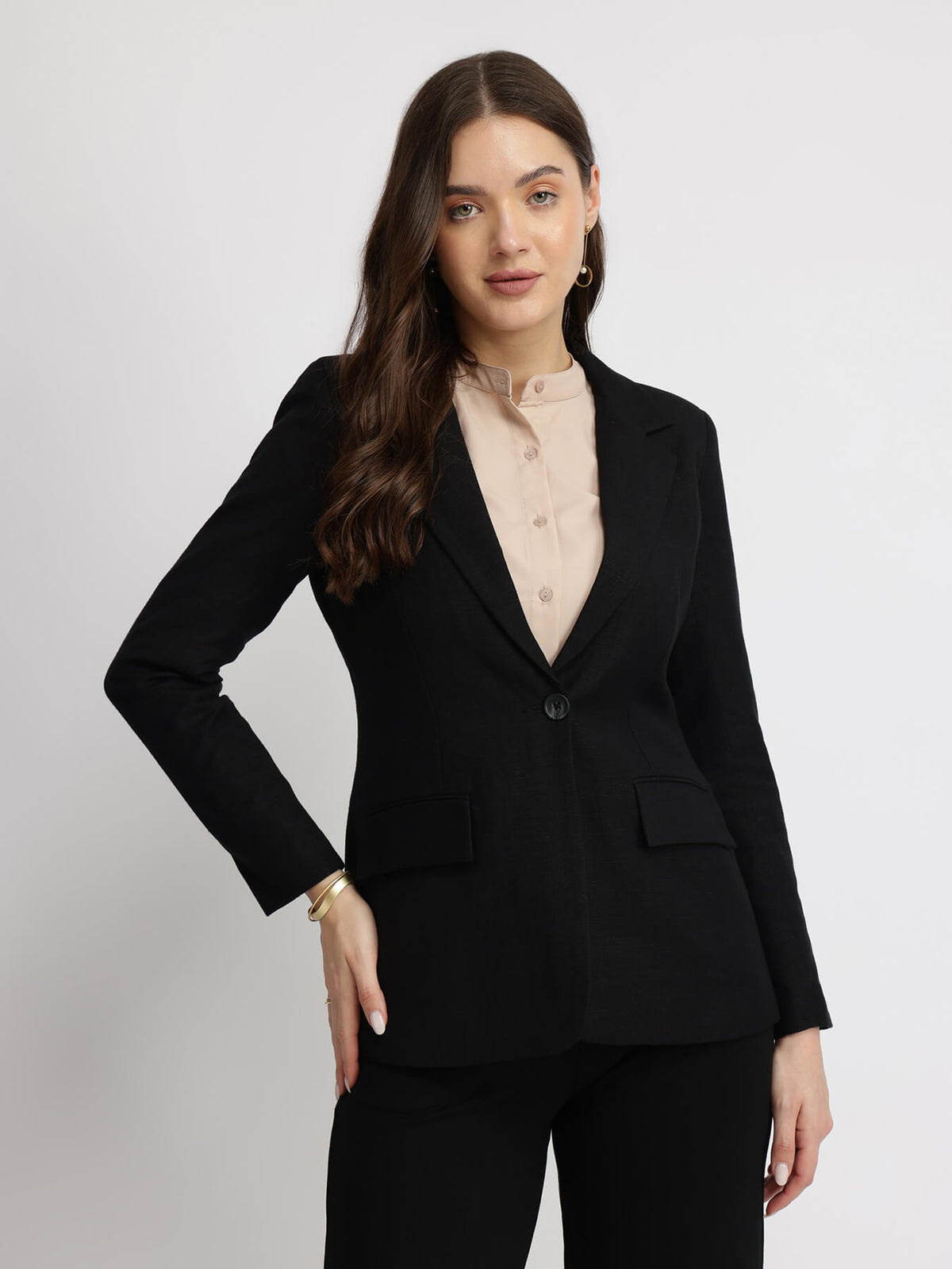 Linen Single Breasted Blazer - Black