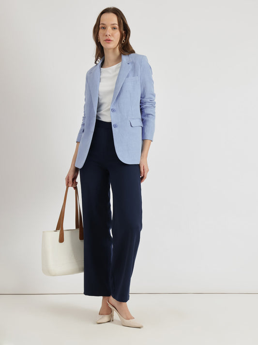 Linen Single Breasted Blazer - Blue